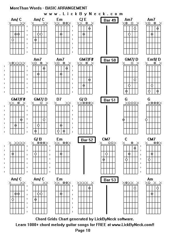 Chord Grids Chart of chord melody fingerstyle guitar song-MoreThan Words - BASIC ARRANGEMENT,generated by LickByNeck software.